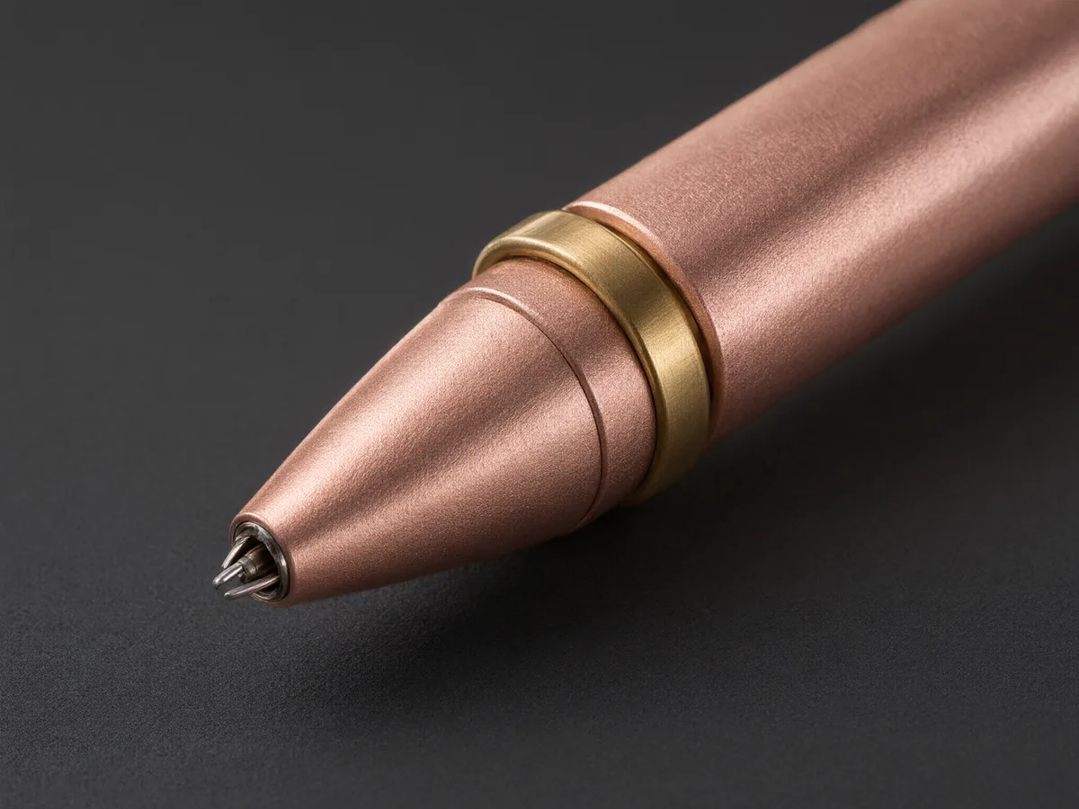 Close-up of the magnetic sliding ring on the aerospace-aluminum barrel of a mechanical pencil